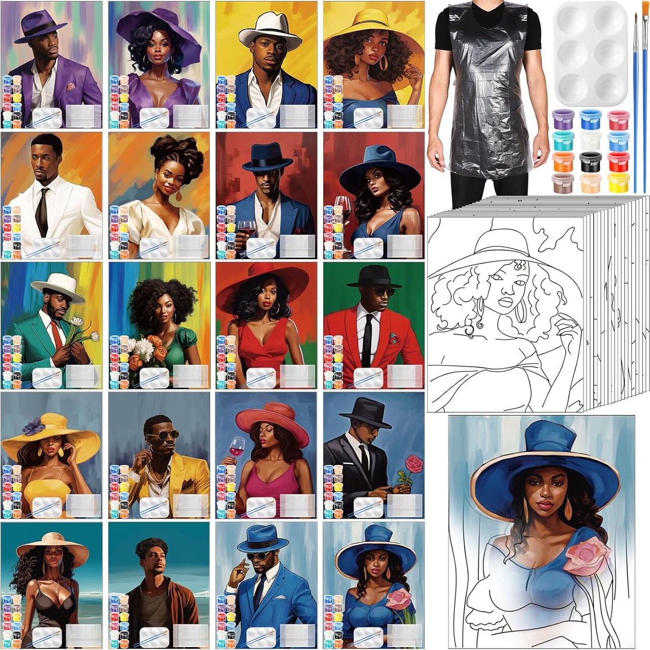 20-Pack Pre Drawn Canvas Painting Kit – Couples Themed Pre Printed Canvases with 12-Color Paints, Brushes, Palettes & Aprons – Sip & Paint Party Supplies, DIY Virtual Parties, Birthday & Date Night Gifts (Couple)